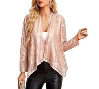 GRACE KARIN Elegant Ruched Open Front Classic Cardigan Jacket for Ladies Formal Gold Sequin Long Sleeve Shrug Cocktail Party Pink Gold S