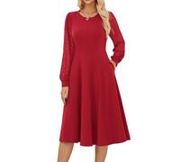 GRACE KARIN Elegant Women’s Long Sleeve Crew Neck Midi A-Line Dresses Casual Solid Formal Cocktail Dress L Red