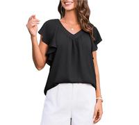 GRACE KARIN Elegant Women's V-Neck Blouse Ruffle Short Sleeve Blouse Casual Summer Top Lightweight Breathable Pullover Tee Loose Fit Versatile Tunic Shirt Black S