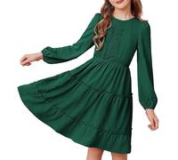 GRACE KARIN Flower Girls Casual A-Line Dresses Tiered Skirt Long Sleeve Princess Dresses for Wedding Prom Party Dark Green 8 Years