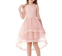 GRACE KARIN Flower Girls Mesh Wedding Party Dresses Round Neck A-Line Midi Festive Communion Dresses Light Pink 10 Years