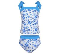 GRACE KARIN Girls' 2-Piece Tankini Swimsuit, Adjustable Back & High-Waist, with Shoulder Bows Blue and White Porcelain Pattern 10 Years
