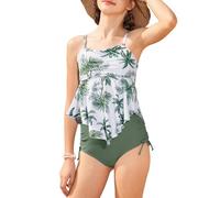 GRACE KARIN Girls' 2-Piece Tankini Swimsuit, Printed Top with Removable Padding, Solid Swim Shorts Green Coconut Palms 16 Years