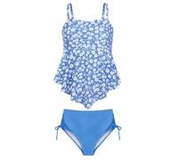GRACE KARIN Girls' 2-Piece Tankini Swimsuit, Printed Top with Removable Padding, Solid Swim Shorts White Flowers on Blue 16 Years