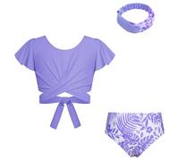 GRACE KARIN Girls 3 Piece Split Swimsuit Adjustable Waist Short Sleeve Top Swim Shorts with Hairband White-Purple Leaves 14 Years