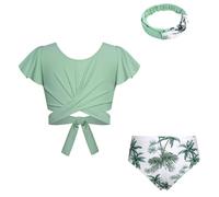 GRACE KARIN Girls 3 Piece Swimsuit Ruffle Short Sleeve Swimsuit Adjustable Belt Top Swimsuit+Shorts+Hairband White-Green Coconut Tree 8 Years