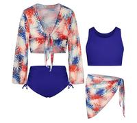 GRACE KARIN Girls 4th of July Bathing Suit Size 6-7 Long Sleeve Taniki Swimsuit Bikini Set with Kimono