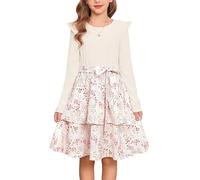 GRACE KARIN Girls A-Line Flower Dress Crew Neck Long Sleeve Midi Occasion Dress for Wedding Guest Birthday Party Flower on Beige 6 Years