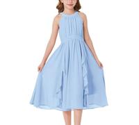 GRACE KARIN Girl's Chiffon Dress with Halterneck and Vertical Ruffles, A-Line for Formal and Summer Events Light Blue 7 Yesrs