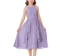 GRACE KARIN Girl's Chiffon Dress with Halterneck and Vertical Ruffles, A-Line for Formal and Summer Events Gray Purple 8 Yesrs