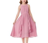 GRACE KARIN Girl's Chiffon Dress with Halterneck and Vertical Ruffles, A-Line for Formal and Summer Events Light Pink 10 Yesrs