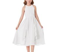 GRACE KARIN Girl's Chiffon Dress with Halterneck and Vertical Ruffles, A-Line for Formal and Summer Events White 12 Yesrs