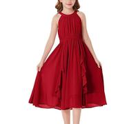 GRACE KARIN Girl's Chiffon Dress with Halterneck and Vertical Ruffles, A-Line for Formal and Summer Events Red 8 Yesrs