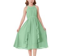GRACE KARIN Girl's Chiffon Dress with Halterneck and Vertical Ruffles, A-Line for Formal and Summer Events Pea Green 14 Yesrs