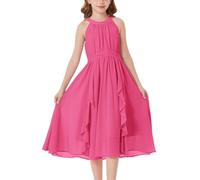 GRACE KARIN Girl's Chiffon Dress with Halterneck and Vertical Ruffles, A-Line for Formal and Summer Events Rose red 10 Yesrs