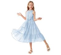 GRACE KARIN Girls Chiffon Halterneck Dress Tiered Swing A Line Maxi Pageant Dress for Summer Light Blue 5-6 Years