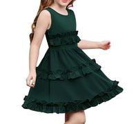 GRACE KARIN Girls' Elegant Plain Summer Dress A-line Ruffle Casual Dress Dark Green 6 Years