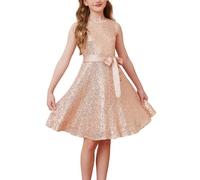 GRACE KARIN Girls' Elegant Sequin Party Dress Sleeveless A-Line Round Neck Rose Gold 14 Years