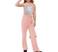 GRACE KARIN Girls Festive Jumpsuit Children's Sequined Jumpsuit Cut-out Wide Leg Outfit Light Pink 13-14 Years