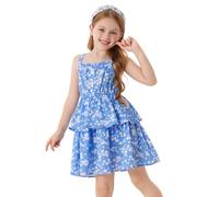 GRACE KARIN Girls Floral Print Sundress 2025 Summer Kids Swing Knee-Length A Line Dresses Blue 6-7 Years
