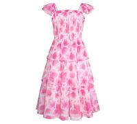 GRACE KARIN Girls Floral Summer Dress Short Sleeve Ruffle Sleeves Layered Skirt A-Line Princess Dress Festive Party Dress Floral Pattern White-Pink Flower 10 Years