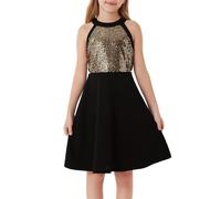 GRACE KARIN Girls Glitter Sequins Party A-Line Dress Sleeveless Halter Neck Dress Elegant Princess Dress Cocktail Dress Black 14 Years