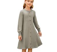 GRACE KARIN Girls Jumper Dress Long Sleeve Kids Ribbed Knitted A Line Pullover Dress with Belt Gray Green 7-8 Years