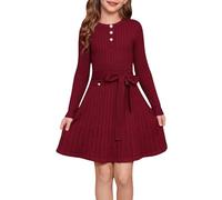 GRACE KARIN Girls' Knee-Length A-Line Princess Dress Elegant Long Sleeve Round Neck Sweater Dress Dark Red 7 Years
