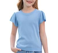GRACE KARIN Girls Knitted Sweater Crew Neck Short Sleeve Top Hollowed-Out Texture Flounce Sleeves Light Blue 12 Years