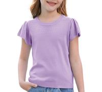 GRACE KARIN Girls Knitted Top Short Sleeve Crew Neck Sweater Hollowed-Out Texture Flounce Sleeves Purple 14 Years