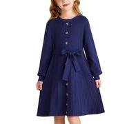 GRACE KARIN Girls' Long Sleeve Jumper Dresses Kid Ribbed Knitted Fall Dress Back to School Dark Blue 7-8 Years