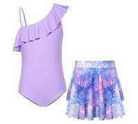 GRACE KARIN Girls One Piece Swimsuit Set Swimming Lesson Costume Quick Dry Bathing Suits Swimwear with Mesh Skirt for Summer Beach Purple 10-11 Years