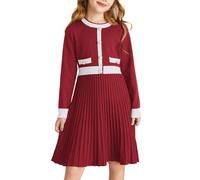 GRACE KARIN Girls’ Pullover Sweater Dress Midi Crew Neck Contrast Long Sleeve Autumn Winter Knitted Dresses for Kids Red 7 Years