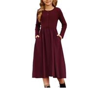 GRACE KARIN Girls' Round Neck A-Line Midi Dress Casual Long Sleeve Button Front Casual Dress Dark Red 8 Years
