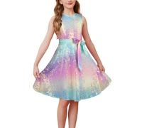 GRACE KARIN Girls' Round Neck A-Line Sleeveless Glitter Sequin Party Dress Rainbow Colors 8 Years
