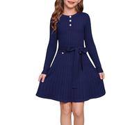 GRACE KARIN Girls' Round Neck Long Sleeve A-Line Autumn Dress Festive Knit Dress with Decorative Buttons Navy Blue 6 Years