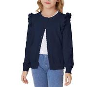 GRACE KARIN Girls Ruffle Long Sleeve Cardigan Sweater Crew Neck Open Front Button Down Knit Sweater Navy Blue 10Y