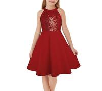 GRACE KARIN Girls Sequin A-Line Dress Sleeveless Party Dress Halter Neck Elegant Princess Dress Patchwork Dress Birthday Ball Formal Fashion Dress Red 7Years
