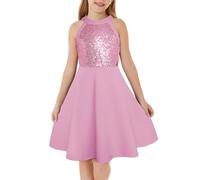 GRACE KARIN Girls Sequin Party Dress Cut-Out Shoulder Round Neck A-Line Party Dress Light Pink 8 Years