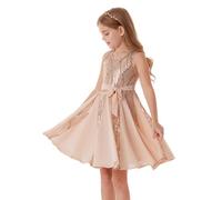 GRACE KARIN Girls Sequin Princess Dress Summer Sleeveless Chiffon Patchwork Flared A-Line Dress with Belt Rose Gold 6-7 Years