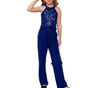 GRACE KARIN Girls Sequined Bodysuit Sleeveless Halterneck Wide Leg Jumpsuit High Waist Outfit with Pockets Festive Clothing Blue 8-10 Years