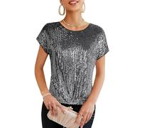 GRACE KARIN Girls Slim Fit V Neck Sequin Tank Tops 2024 Glitter Sparkle Top for Women High Elastic Sequin Blouse Silver-Black M