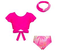 GRACE KARIN Girls Split Swimsuit Set 3PCS Ruffle Short Sleeves Tankini Set Swimsuit Swim Shorts with Hairband Rose Coconut Tree 14 Years
