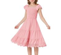 GRACE KARIN Girls Summer Dress Ruffle Flutter Sleeve A-Line Dress Tiered Ruched Smocked Dresses for Girls Pink 8 Years