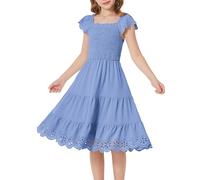 GRACE KARIN Girls Summer Dress Ruffle Flutter Sleeve A-Line Dress Tiered Ruched Smocked Dresses for Girls Blue 7 Years