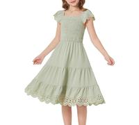 GRACE KARIN Girls Summer Dress Ruffle Flutter Sleeve A-Line Dress Tiered Ruched Smocked Dresses for Girls Light Green 7 Years
