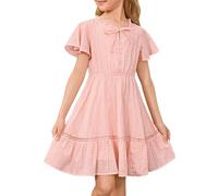GRACE KARIN Girls Summer Elasticated Waist Ruffled Sleeves Midi Dress with Lace Round Neck Light Pink 10 Years