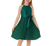 GRACE KARIN Girls Summer Halter Neck A-line Dress Party Glitter Sequin Sleeveless Dress Dark Green 8 Years