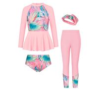GRACE KARIN Girls Summer Long Sleeve 4pcs Set Swimwear Kids Rash Guard Swimsuit Pink Palm Leaves 8 Years