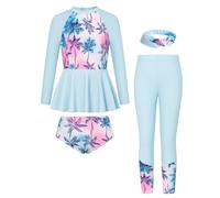 GRACE KARIN Girls Summer Long Sleeve Tops+Pants+Briefs+Hair-Band Swimwear 4pcs Set Swimsuit Light Blue Coconut Tree 8 Years